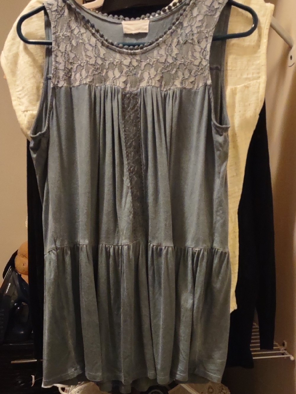 DEPT 222. Beautiful Slate Blue/Gray Burnout With Lace Overlay Sleeveless Shirt.